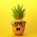 Alive pineapple with face in glasses and surprised open mouth emotion on yellow background. Generative AI