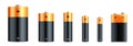 Alkaline batteries realistic set. Types of batteries. Size - D, C, AA, AAA, AAAA, PP3. Alkaline battery set with diffrent size - Royalty Free Stock Photo