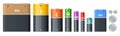 Alkaline Battery, Accumulators. Alkaline cylinder, accumulator and coin cells. Group of different size colour batteries