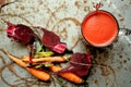 Alkaline breakfast with red beet juice on a vintage table