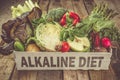 Alkaline diet concept - fresh foods on rustic background Royalty Free Stock Photo