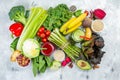 Alkaline diet concept - fresh foods on rustic background Royalty Free Stock Photo