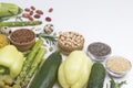 Alkaline foods set. Healthy food for diet and lifestyle: green vegetables, nuts and seeds