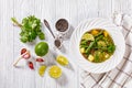 Alkaline green soup in white bowl, top view