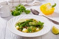 Alkaline green soup in white bowl, top view