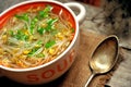 Alkaline, healthy lunch: soybeans sprout soup and bread Royalty Free Stock Photo