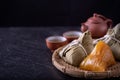 Alkaline rice dumpling zongzi - Traditional sweet Chinese crystal food on a plate to eat for Dragon Boat Duanwu Festival Royalty Free Stock Photo