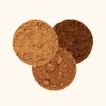 An alkalized cocoa powder. Comparison of dutch process cocoa with natural cocoa powder. Three piles of texture cocoa powder of