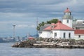Alki Point Lighthouse and Space Needle on Cloudy Day Royalty Free Stock Photo