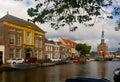 Alkmaar cityscape with Accijnstoren excise tower on bank of Werronkenoord canal