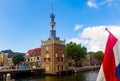 Alkmaar cityscape with Accijnstoren excise tower on bank of Werronkenoord canal