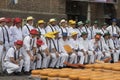 Alkmaar, Netherlands - June 01, 2018: Group of cheese carriers i