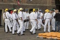 Alkmaar, Netherlands - June 01, 2018: Group of cheese carriers i