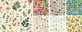 Vibrant Spring Flower Meadow Textile Design Set. Repeating Botanical Wallpaper Textures Royalty Free Stock Photo