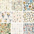 Vibrant Spring Flower Meadow Textile Design Set. Repeating Botanical Wallpaper Textures Royalty Free Stock Photo