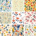 Vibrant Spring Flower Meadow Textile Design Set. Repeating Botanical Wallpaper Textures Royalty Free Stock Photo