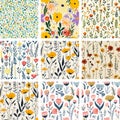 Vector Seamless Repeat Patterns, Colorful Abstract Floral Backgrounds for Fabric & Design Royalty Free Stock Photo