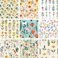 Vector Seamless Repeat Patterns, Colorful Abstract Floral Backgrounds for Fabric & Design Royalty Free Stock Photo
