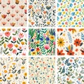 Watercolor Style Wildflower Vector Patterns - Editable Digital Paper Set Royalty Free Stock Photo