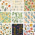 Watercolor Style Wildflower Vector Patterns - Editable Digital Paper Set Royalty Free Stock Photo