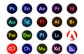 All adobe logo icons. Photoshop, illustrator, premier pro, after effects, and others Royalty Free Stock Photo