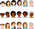 Set of african american, european, asian age group avatars woman in colorful style.