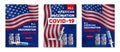 All american covid 19 vaccination vaccine vials and syringes on USA flag background posters