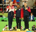 All-around gymnastics medalists at Rio 2016 Olympics Aliya Mustafina of Russia (L),Simone Biles and Aly Raisman of USA