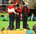 All-around gymnastics medalists at Rio 2016 Olympics Aliya Mustafina of Russia (L),Simone Biles and Aly Raisman of USA Royalty Free Stock Photo