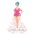 All bodies are beautiful - handwritten lettering. Body positive motivation quote. Vector Beautiful fat woman in a swimsuit with a