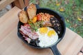 All day brunch served on pan. Top view, Center