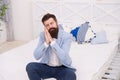 All dressed up and nowhere to go. Sleepy hipster sit on bed. Bearded with sleepy look in formalwear. Daydream. Feeling Royalty Free Stock Photo