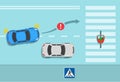 All drivers must stop for a pedestrian in a crosswalk. Overtaking or passing rules on the road. Top view.