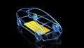 Electric car with glowing battery array . View 2. 3d rendering illustration