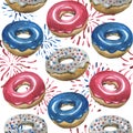 Watercolor pattern, glazed donuts, fireworks.