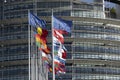 All EU Flags European Union flag waving in front of European Parliament, headquarter of the European Commission European