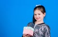 All eyes on you. Special happens every day. Girl with gift box blue background. Black friday. Shopping day. Cute child Royalty Free Stock Photo