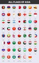 All flags of the countries of Asia. Pin map pointer glossy style.