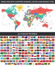 All flags of the world in alphabetical order and Detailed world map with borders, countries, large cities Royalty Free Stock Photo