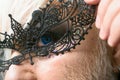 All the freaky people make the beauty of the world. Fetish fashion. Transgender man wear lace mask. BDSM fashion