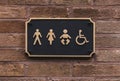 All gender restroom sign on wall in  Black  and Gold with letters and frame, WC - Toilets icon in public restroom sign with a male Royalty Free Stock Photo