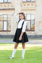 All girls are gorgeous. retro kid in uniform. pupil in vintage outfit. back to school. happy beauty outdoor. kid fashion