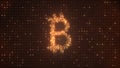Bitcoin symbol made from rotating glittering golden coins on dark background.