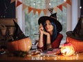 All hallows eve. woman in witch costume Royalty Free Stock Photo