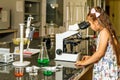 A young girl doctor checking covid 19 virus samples under microscope Royalty Free Stock Photo