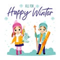 All for happy winter concept. The boy and girl are skiing and skating in winter. Royalty Free Stock Photo