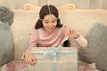 All I want for Christmas is Boxing day. Happy child open present on boxing day. Little girl celebrate boxing day Royalty Free Stock Photo