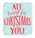 All I want for Christmas is you. Greeting card with romantic quote. Red lettering at blue frost texture background