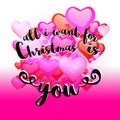 All I Want for Christmas is You Quote on red Rising Hearts Background