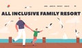 All Inclusive Family Resort Landing Page Template. Young Father and Son Walk along Wooden Pier or Embankment